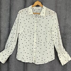 MINE‎ Woman's Sz L Polka Dot Blouse Button Up Shirt White Black Sheer Retro Chic